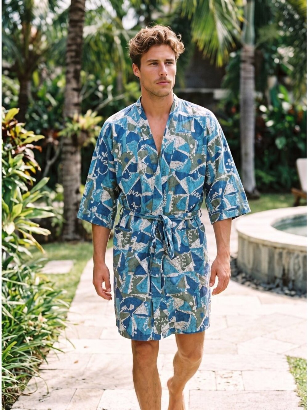 70 Mens Robe Cotton Blend Abstract Disco Avocado Green Blue Sz S/M JcPenney